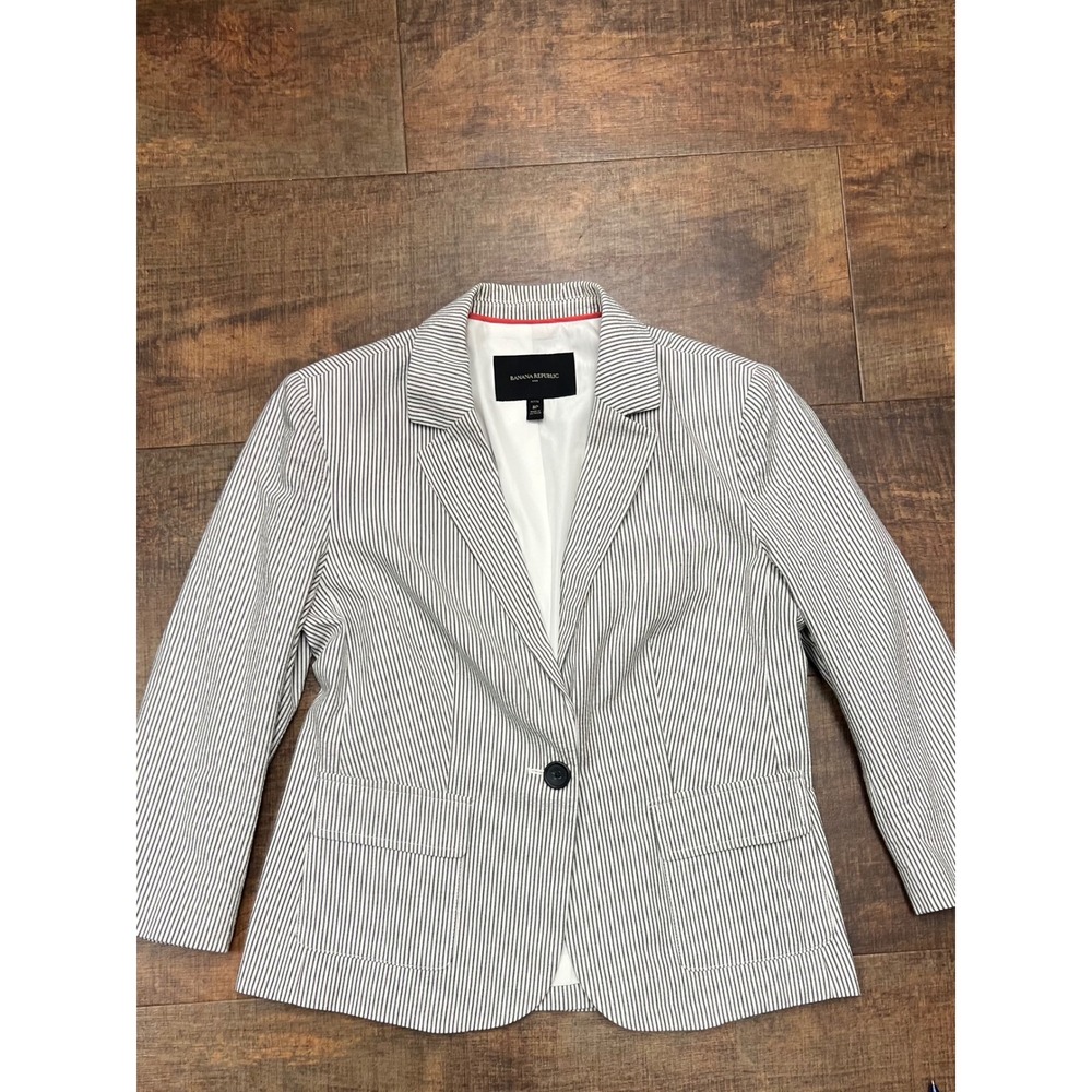 Banana Republic Seersucker Blazer Jacket Women's 8P Black White Striped Cotton